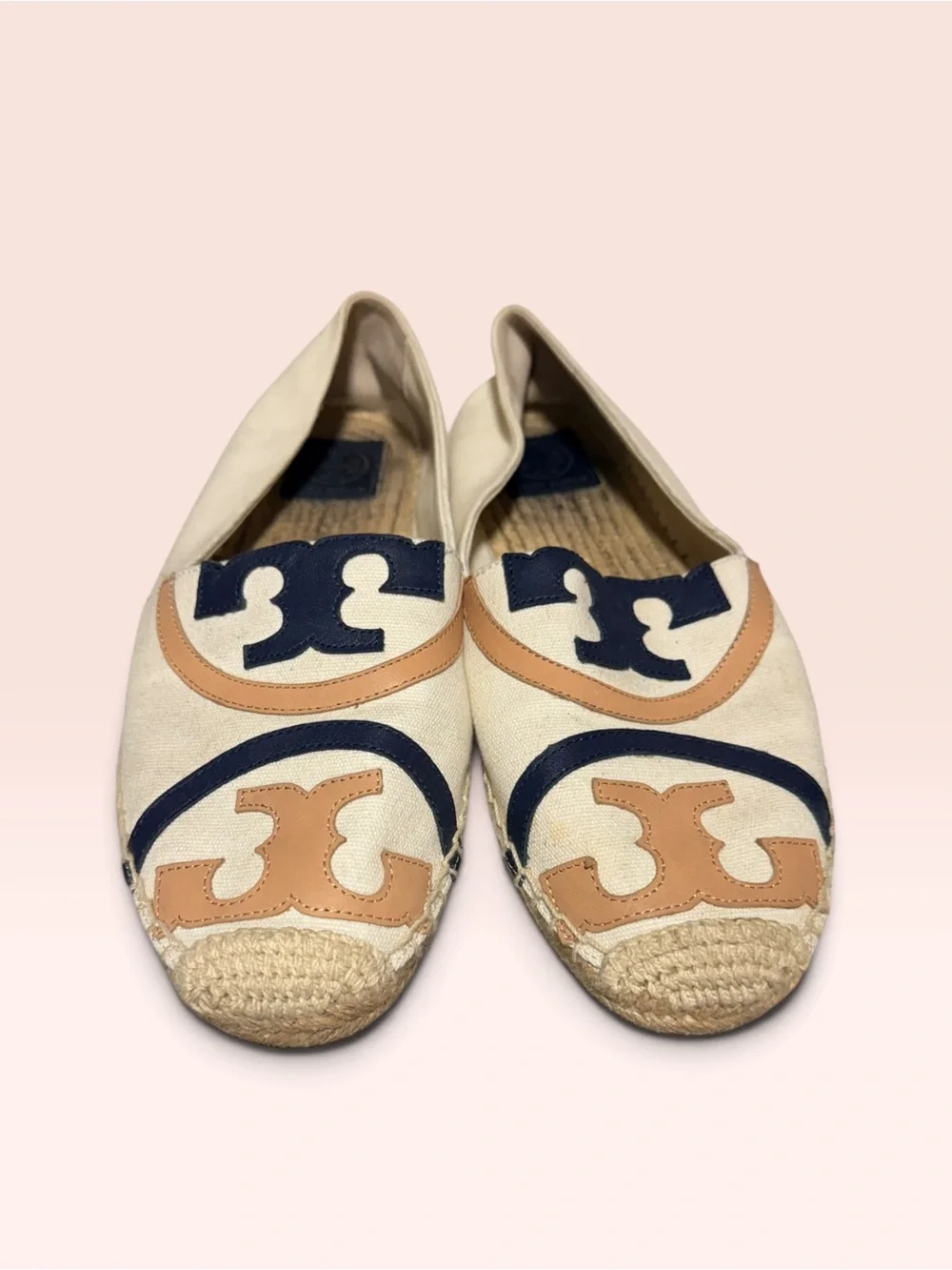 Tory Burch Cream Canvas Espadrilles with Navy and Tan Logo Accents